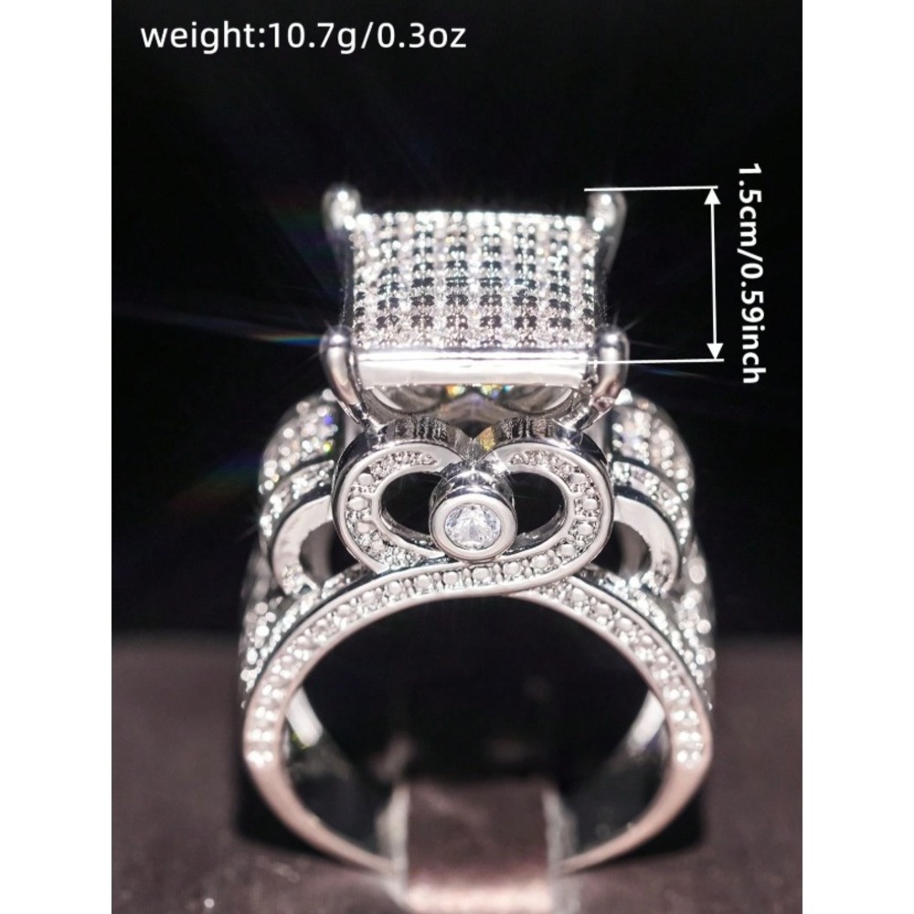 Mens Square Pave Crystal Statement Ring Silver Tone Hip Hop Pinky Band Size 8